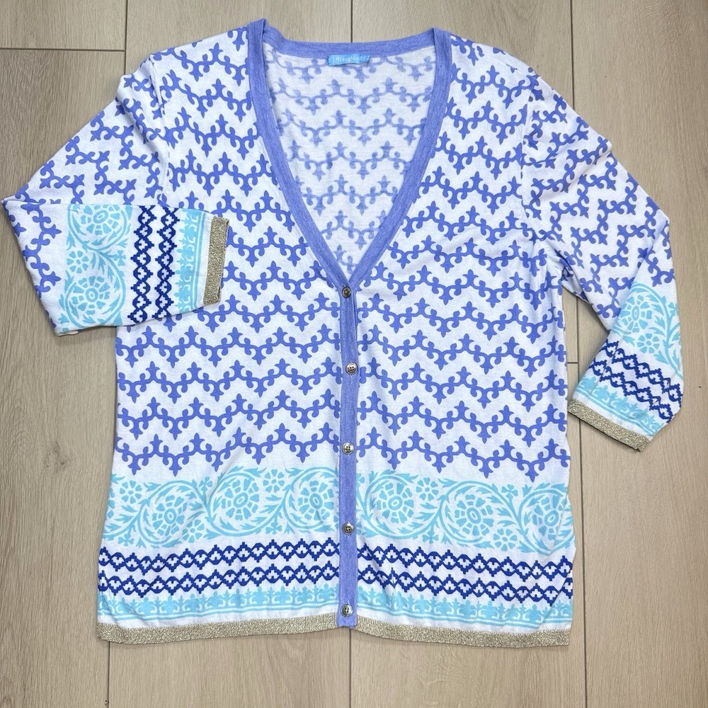 J McLaughlin Cardigan Womens L Blue White Print Button Front Knit 3/4 Sleeve Top